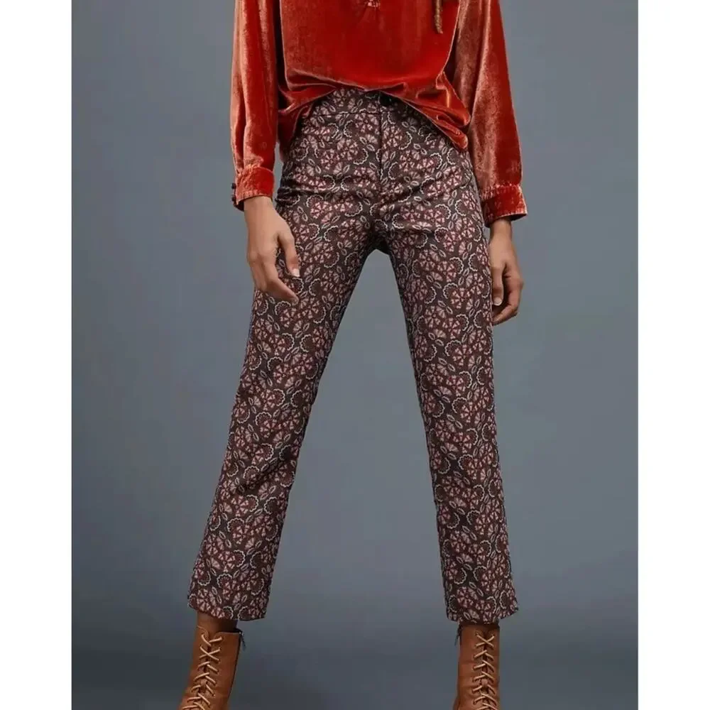 Anthropologie the essential slim brown floral print pants size 2 - Picture 1 of 14